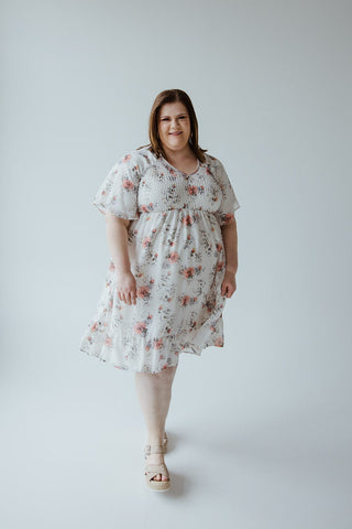 FLUTTER SLEEVE SMOCKED V - NECK FLORAL DRESS - Love Marlow
