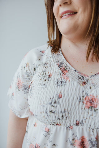 FLUTTER SLEEVE SMOCKED V - NECK FLORAL DRESS - Love Marlow