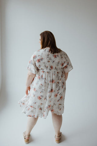 FLUTTER SLEEVE SMOCKED V - NECK FLORAL DRESS - Love Marlow