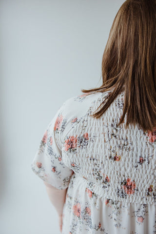 FLUTTER SLEEVE SMOCKED V - NECK FLORAL DRESS - Love Marlow
