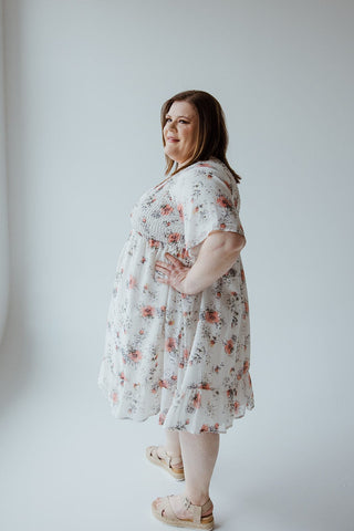 FLUTTER SLEEVE SMOCKED V - NECK FLORAL DRESS - Love Marlow