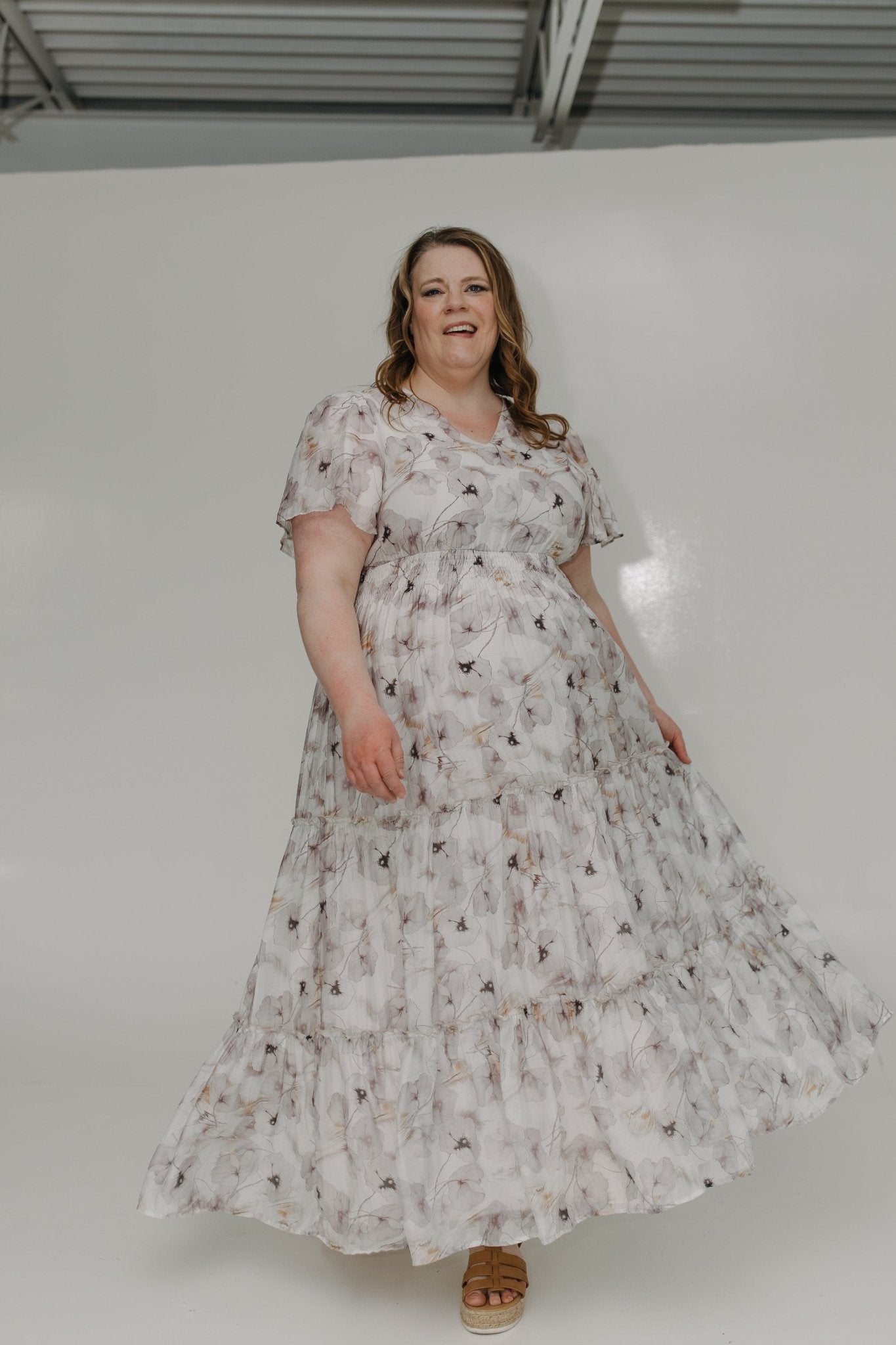 FLUTTER SLEEVE SOFT FLORAL DRESS WITH TIERED SKIRT - Love Marlow