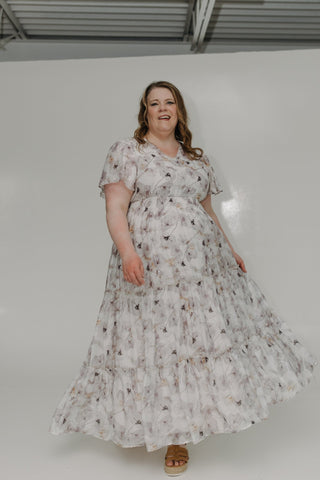 FLUTTER SLEEVE SOFT FLORAL DRESS WITH TIERED SKIRT - Love Marlow
