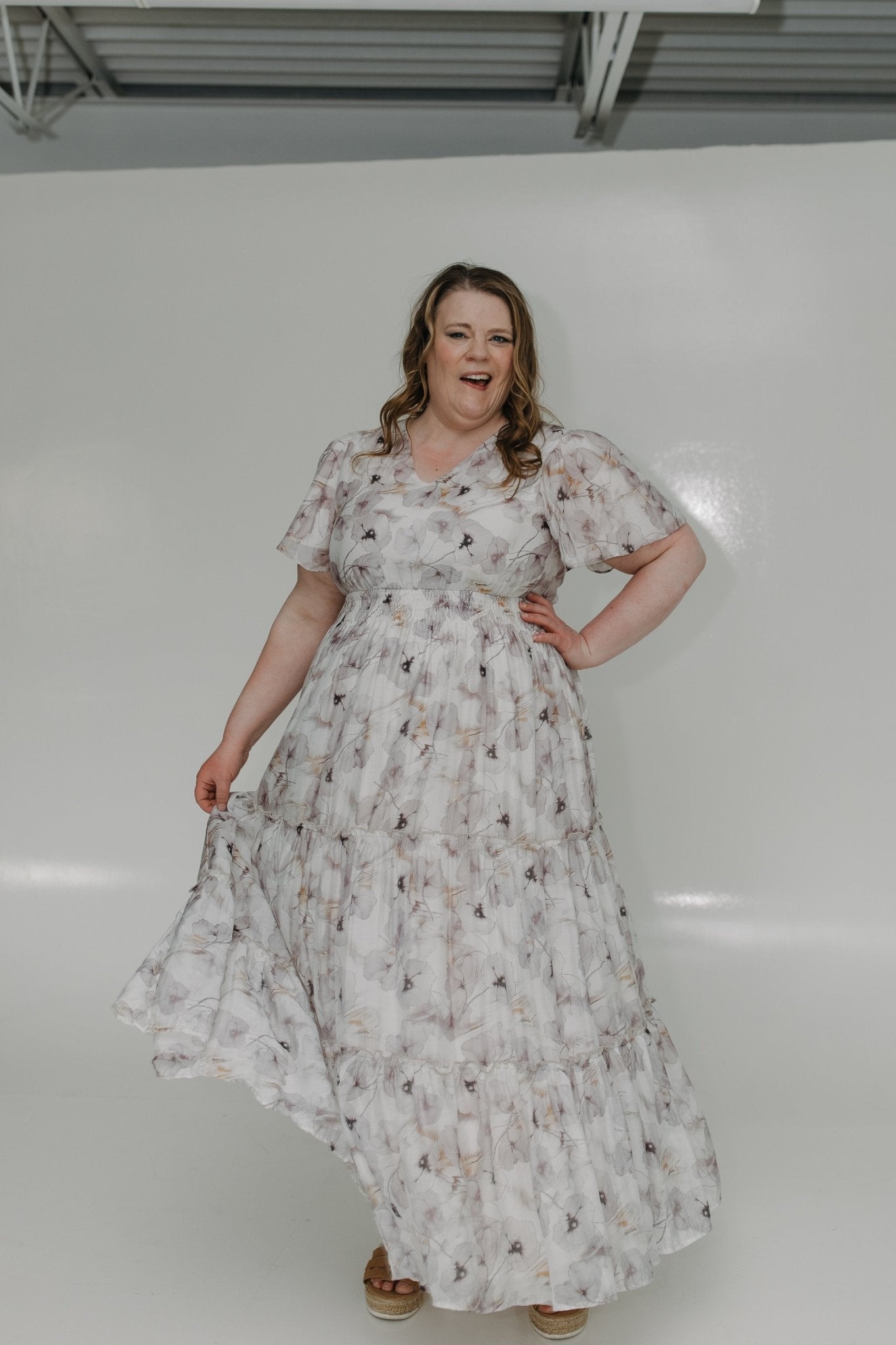 FLUTTER SLEEVE SOFT FLORAL DRESS WITH TIERED SKIRT - Love Marlow