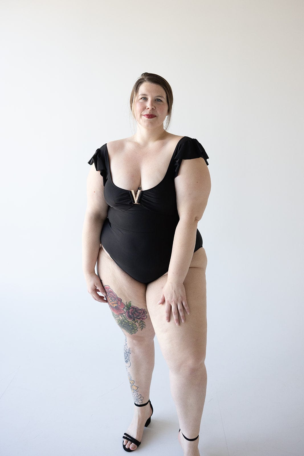 FLUTTER SLEEVE SOLID SWIMSUITS WITH V - METAL DETAIL - Love Marlow