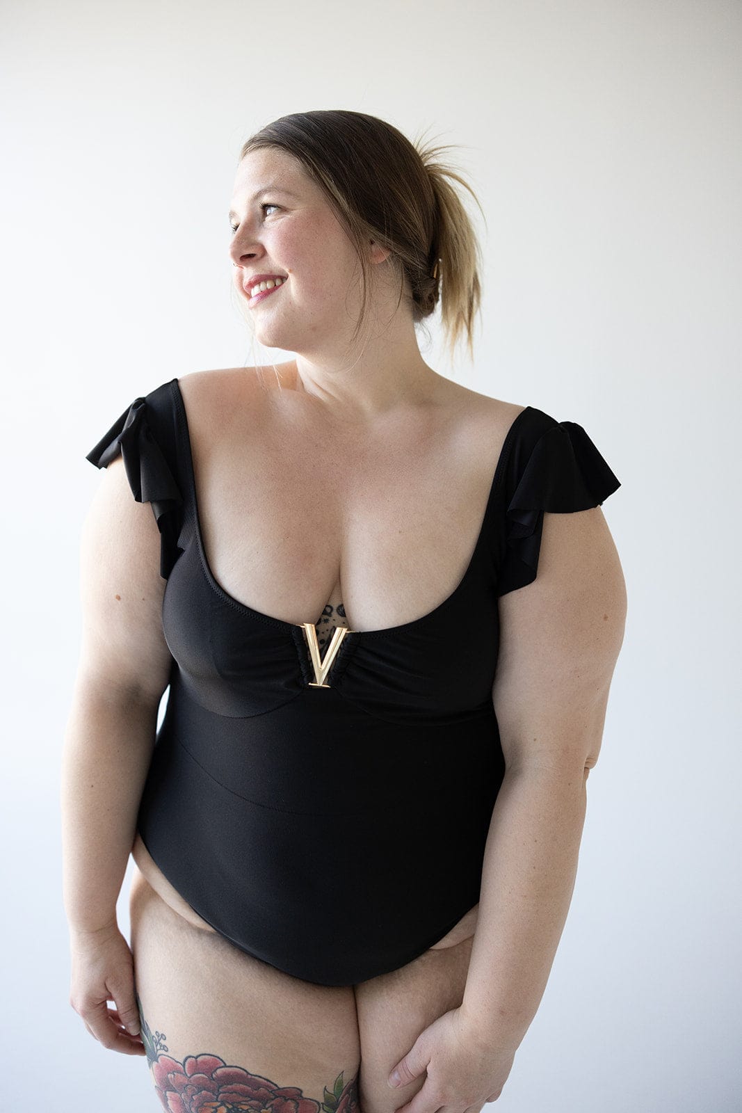 FLUTTER SLEEVE SOLID SWIMSUITS WITH V - METAL DETAIL - Love Marlow