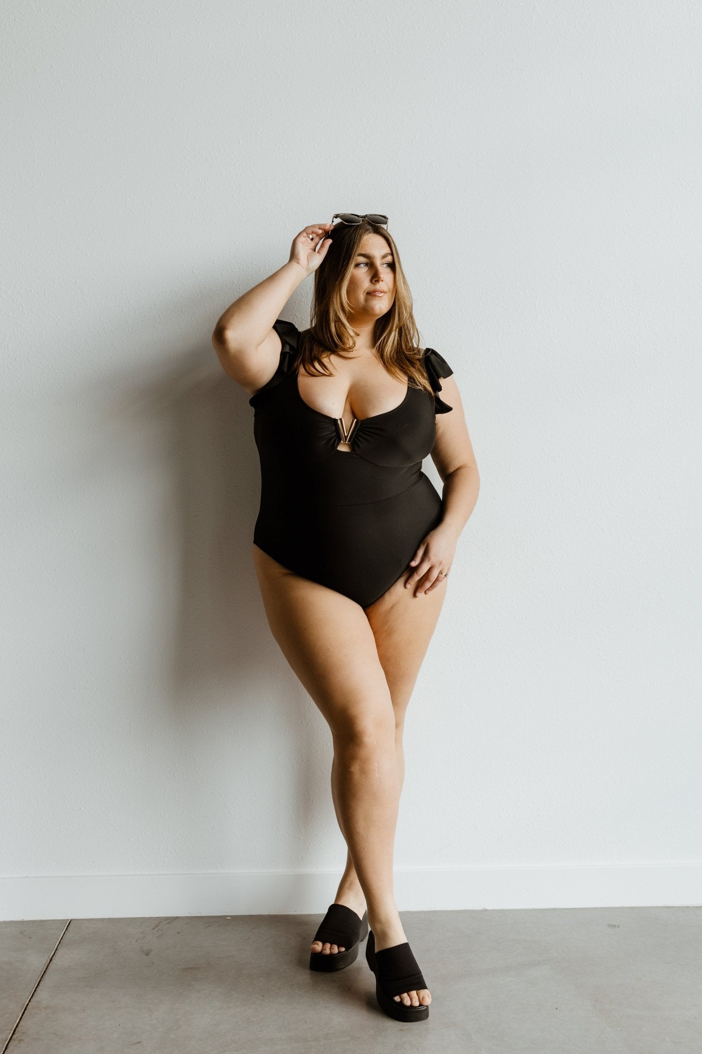 FLUTTER SLEEVE SOLID SWIMSUITS WITH V - METAL DETAIL - Love Marlow