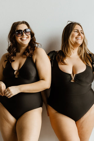 FLUTTER SLEEVE SOLID SWIMSUITS WITH V - METAL DETAIL - Love Marlow