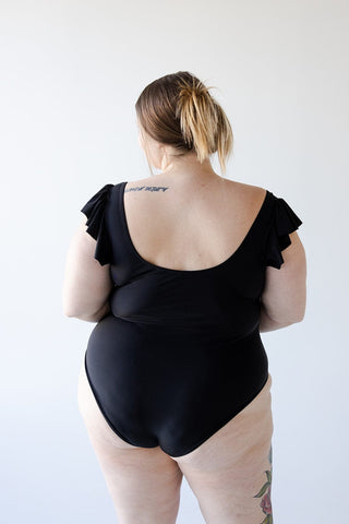 FLUTTER SLEEVE SOLID SWIMSUITS WITH V - METAL DETAIL - Love Marlow