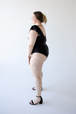 FLUTTER SLEEVE SOLID SWIMSUITS WITH V - METAL DETAIL - Love Marlow