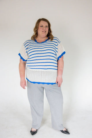 Flutter Sleeve Sweater – Ivory & Blue - Love Marlow