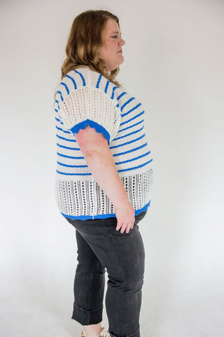 Flutter Sleeve Sweater – Ivory & Blue - Love Marlow