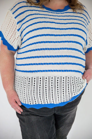 Flutter Sleeve Sweater – Ivory & Blue - Love Marlow