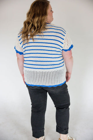 Flutter Sleeve Sweater – Ivory & Blue - Love Marlow