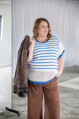 Flutter Sleeve Sweater – Ivory & Blue - Love Marlow