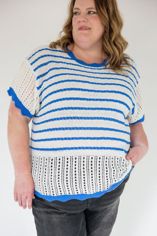 Flutter Sleeve Sweater – Ivory & Blue - Love Marlow