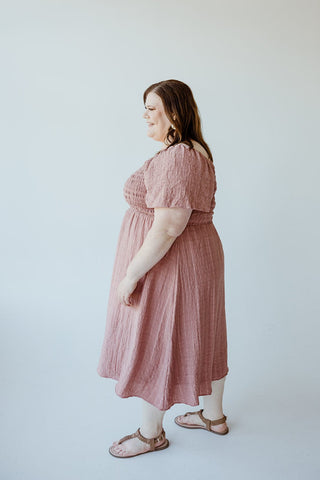 FLUTTER SLEEVE TEXTURED KNEE LENGTH DRESS IN MAUVE MIST - Love Marlow