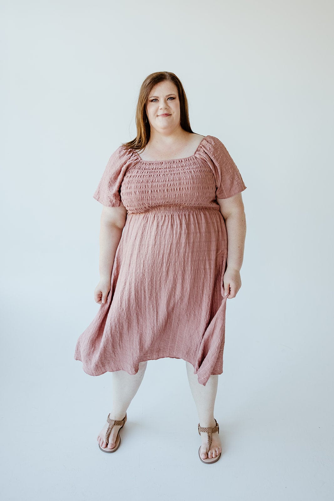 FLUTTER SLEEVE TEXTURED KNEE LENGTH DRESS IN MAUVE MIST - Love Marlow