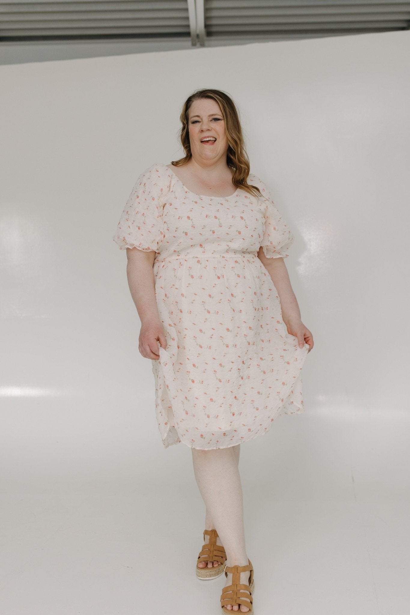 GAUZY KNEE - LENGTH A - LINE DRESS WITH RUFFLE PUFF SLEEVES - Love Marlow