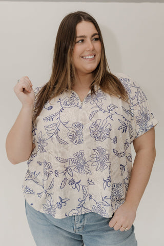 Half - Zip Lace Polo Top – Navy Floral - Love Marlow