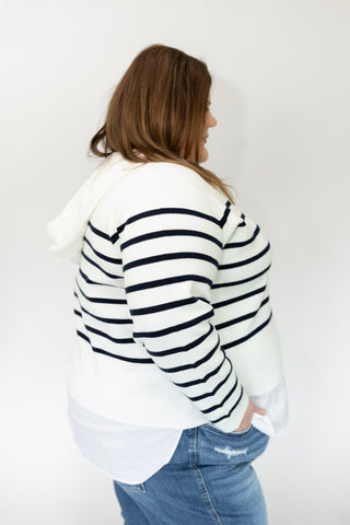 Half-Zip Layered Stripe Sweater Hoodie – Navy & Ivory - Love Marlow