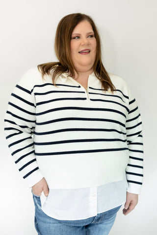 Half-Zip Layered Stripe Sweater Hoodie – Navy & Ivory - Love Marlow