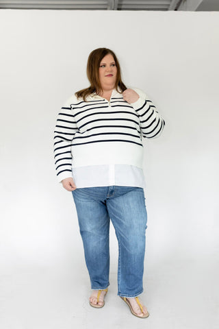 Half-Zip Layered Stripe Sweater Hoodie – Navy & Ivory - Love Marlow