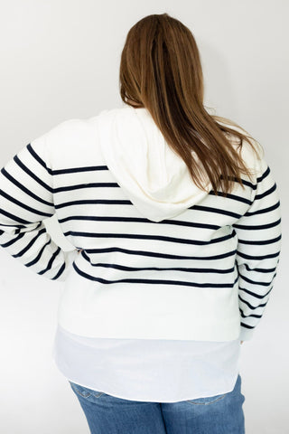 Half-Zip Layered Stripe Sweater Hoodie – Navy & Ivory - Love Marlow