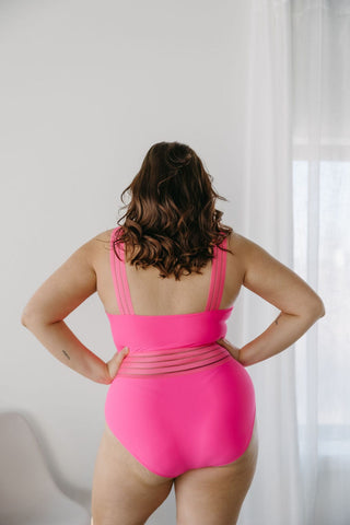 HALTER NECK SHEER WAIST SWIMSUIT CERISE - Love Marlow