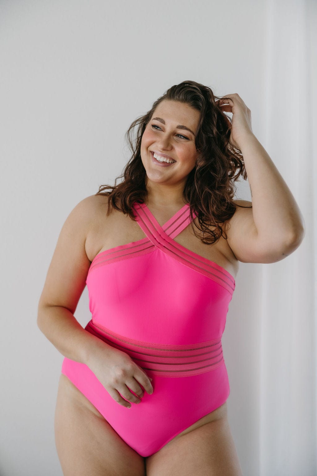 HALTER NECK SHEER WAIST SWIMSUIT CERISE - Love Marlow