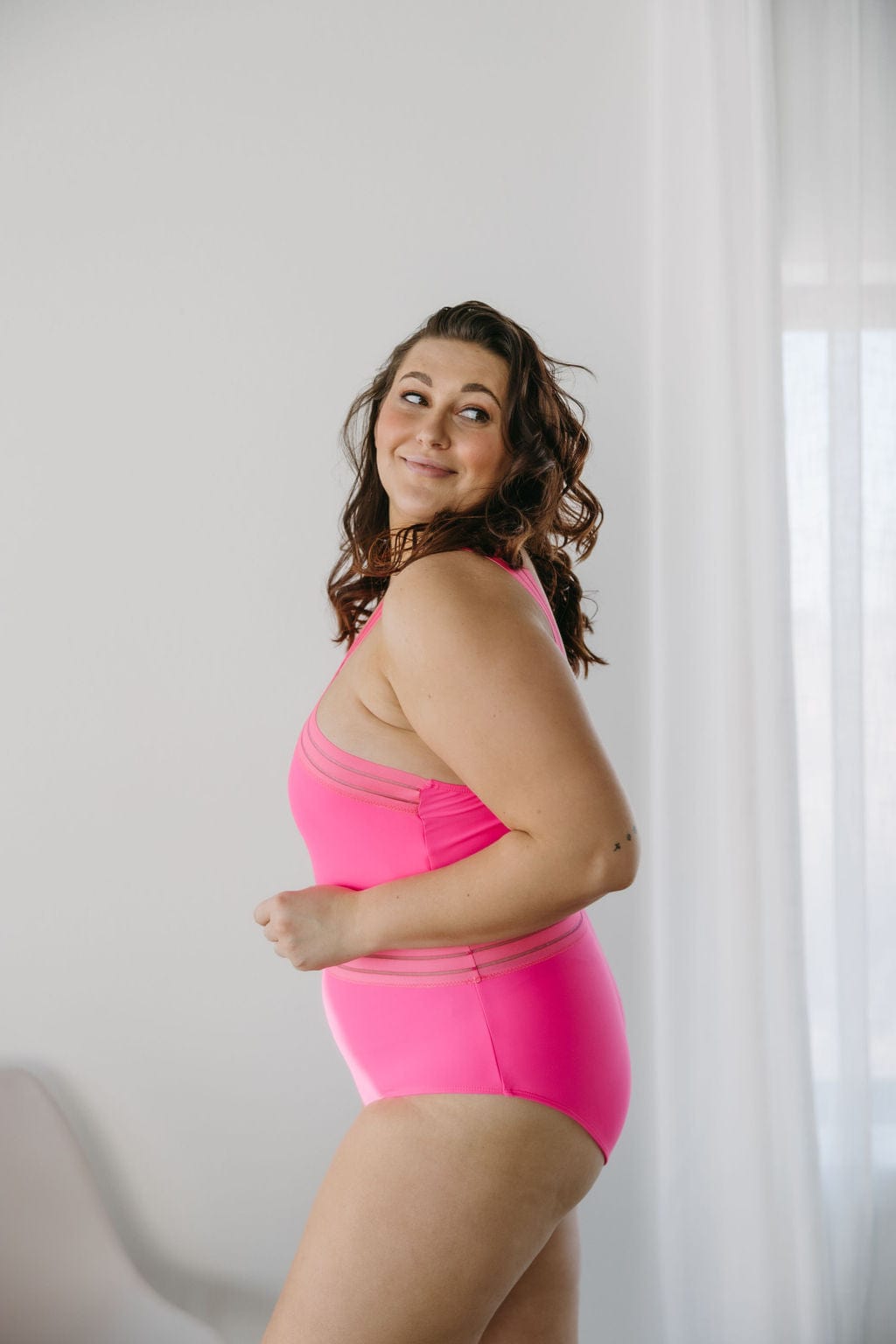 HALTER NECK SHEER WAIST SWIMSUIT CERISE - Love Marlow