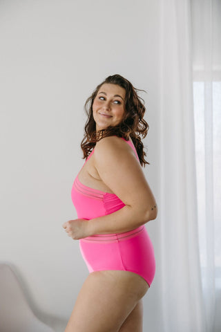 HALTER NECK SHEER WAIST SWIMSUIT CERISE - Love Marlow