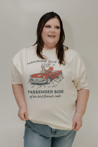 “Hanging Out the Passenger Side” FUNNY CHRISTMAS CREWNECK TEE – SANTA & RUDOLPH HOLIDAY GRAPHIC TEE - Love Marlow