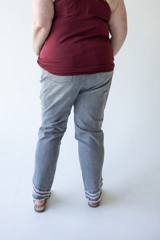 HIGH - RISE RELAXED SKINNY JEAN WITH FRAYED HEM IN LIGHT GREY - Love Marlow