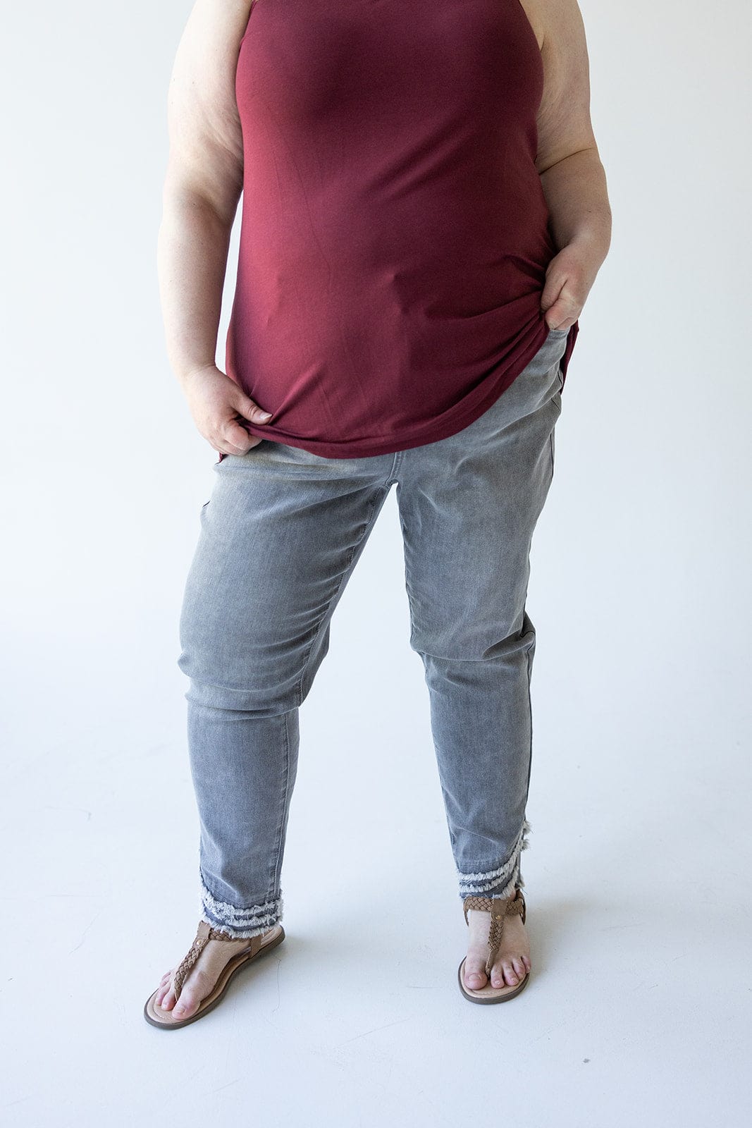 HIGH - RISE RELAXED SKINNY JEAN WITH FRAYED HEM IN LIGHT GREY - Love Marlow