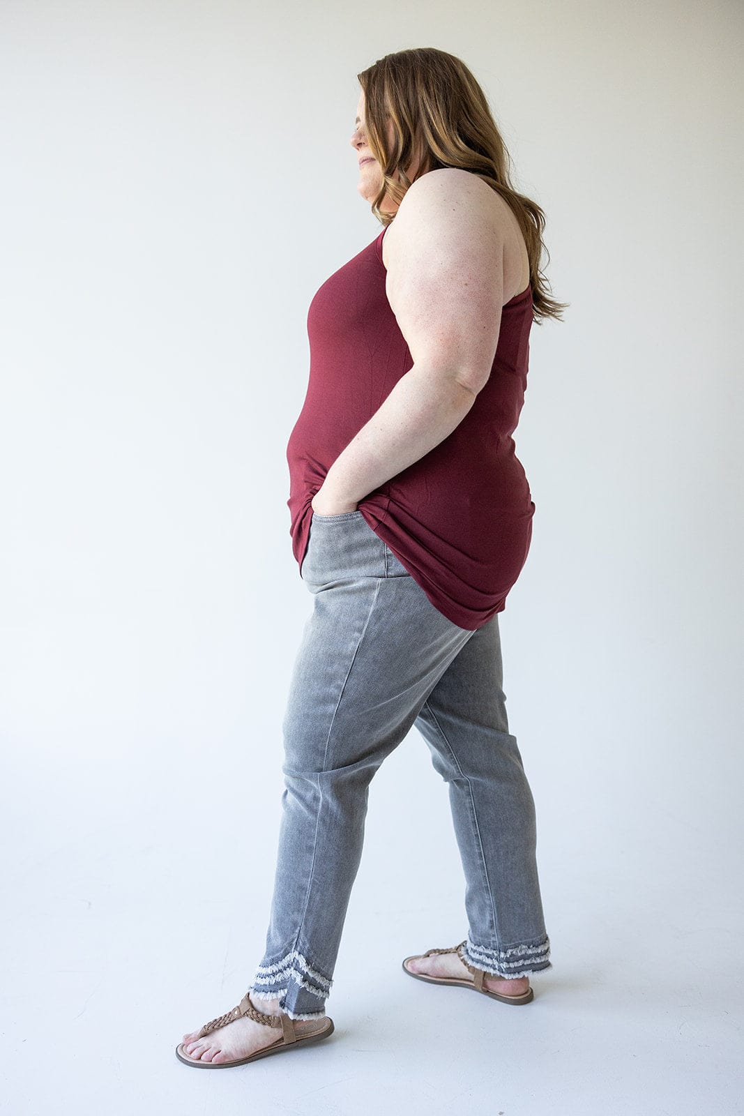 HIGH - RISE RELAXED SKINNY JEAN WITH FRAYED HEM IN LIGHT GREY - Love Marlow