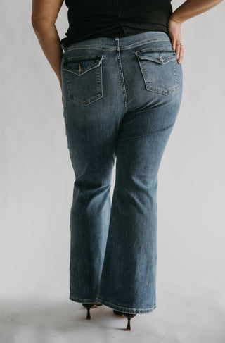 HIGH WAIST FLARE WITH FLAP POCKETS IN LIGHT MEDIUM WASH - Love Marlow