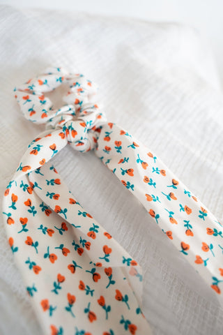 Ivory Floral Romantic Long Ribbon Bow Scrunchie – Cottagecore Hair Accessory - Love Marlow