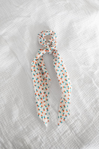 Ivory Floral Romantic Long Ribbon Bow Scrunchie – Cottagecore Hair Accessory - Love Marlow