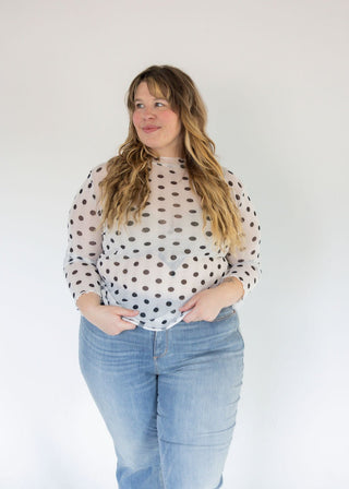 Ivory Polka Dot Mesh Mock Neck Top - Love Marlow