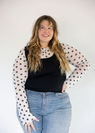 Ivory Polka Dot Mesh Mock Neck Top - Love Marlow