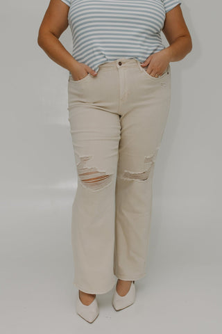 JUDY BLUE HIGH WAIST 90S STRAIGHT LEG WITH DESTROYED KNEES IN EARTHLY IVORY - Love Marlow