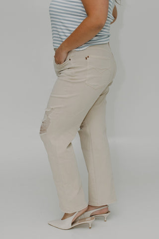 JUDY BLUE HIGH WAIST 90S STRAIGHT LEG WITH DESTROYED KNEES IN EARTHLY IVORY - Love Marlow