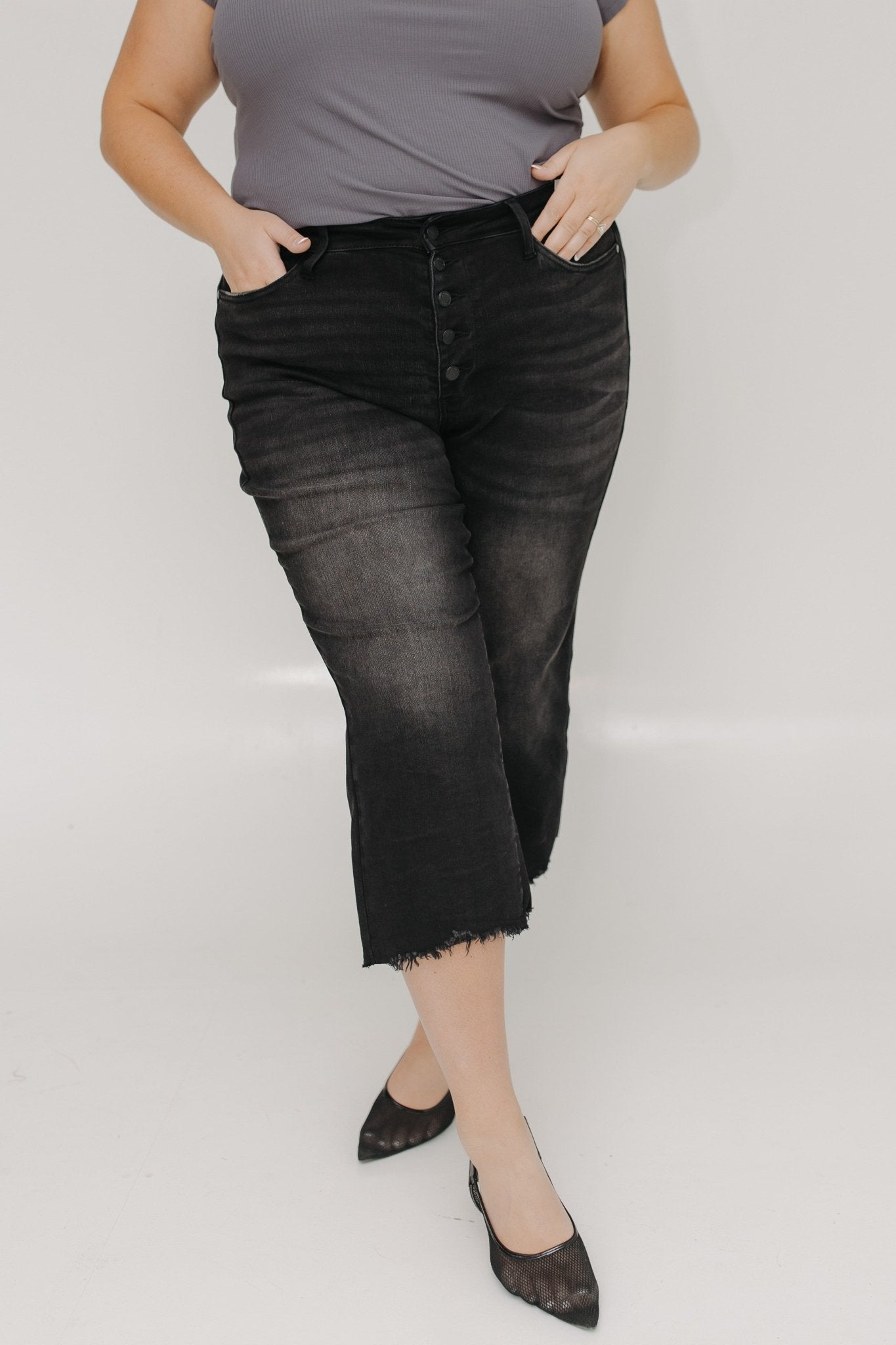 JUDY BLUE HIGH WAIST BUTTON FLY RAW HEM CROPPED WIDE LEG IN WASHED BLACK - Love Marlow