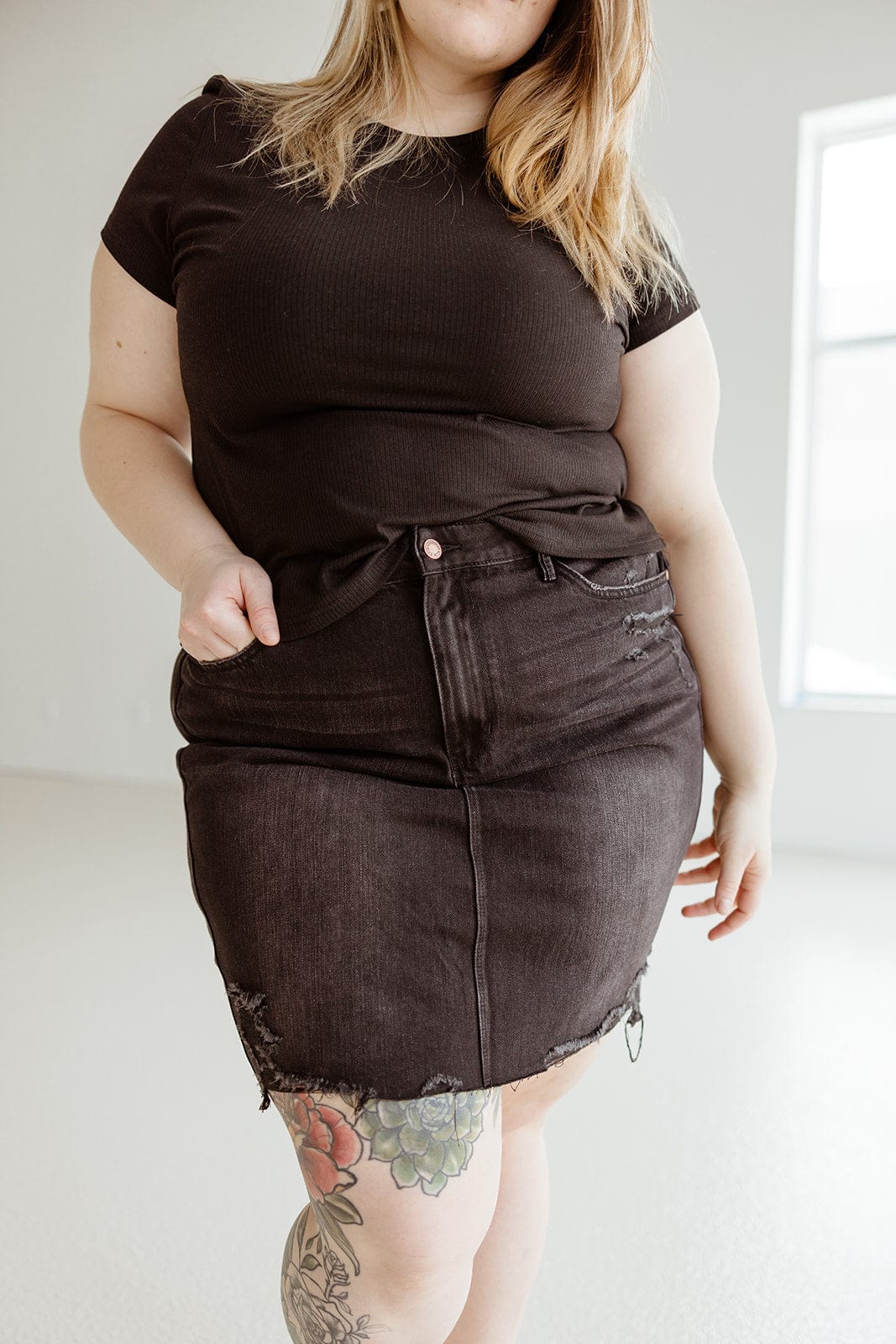 JUDY BLUE HIGH WAIST DESTROYED DENIM SKIRT IN WASHED BLACK - Love Marlow