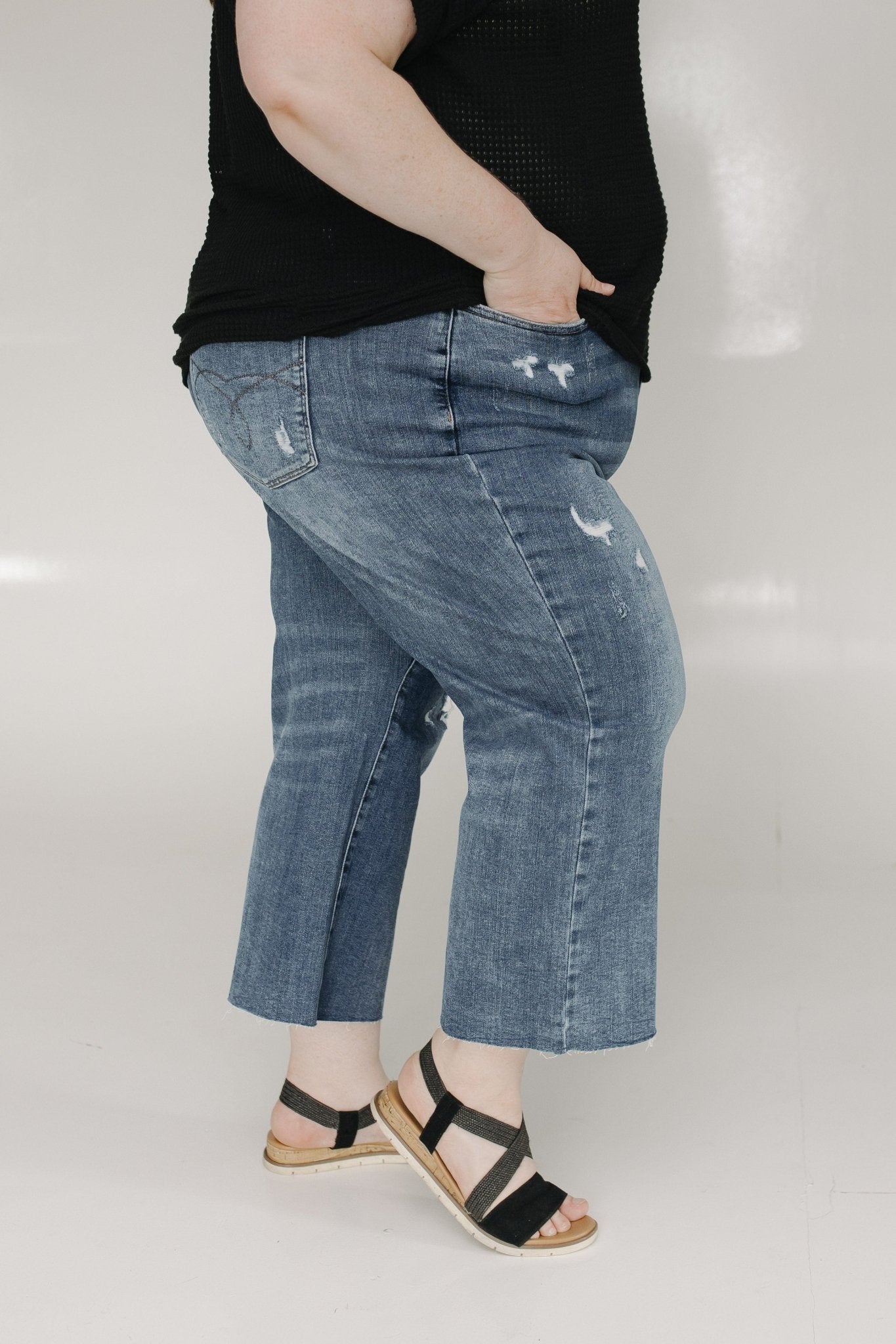 JUDY BLUE HIGH WAIST DESTROYED WIDE LEG CROP WITH RAW HEM - Love Marlow