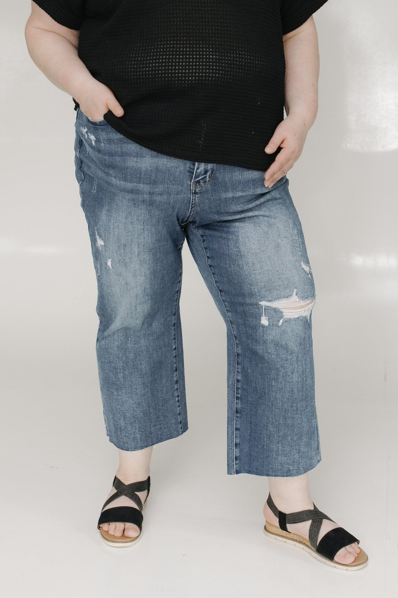 JUDY BLUE HIGH WAIST DESTROYED WIDE LEG CROP WITH RAW HEM - Love Marlow