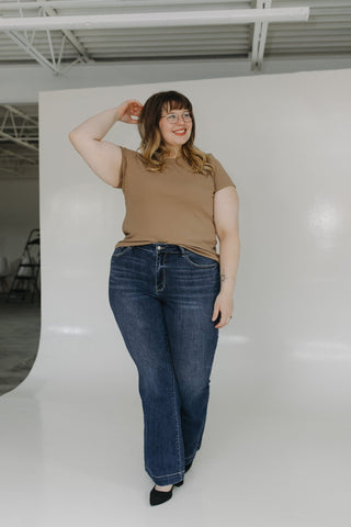 JUDY BLUE HIGH WAIST NON - DISTRESSED TROUSER FLARE IN DARK WASH - Love Marlow