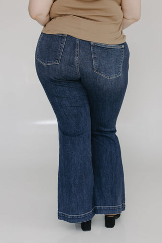 JUDY BLUE HIGH WAIST NON - DISTRESSED TROUSER FLARE IN DARK WASH - Love Marlow