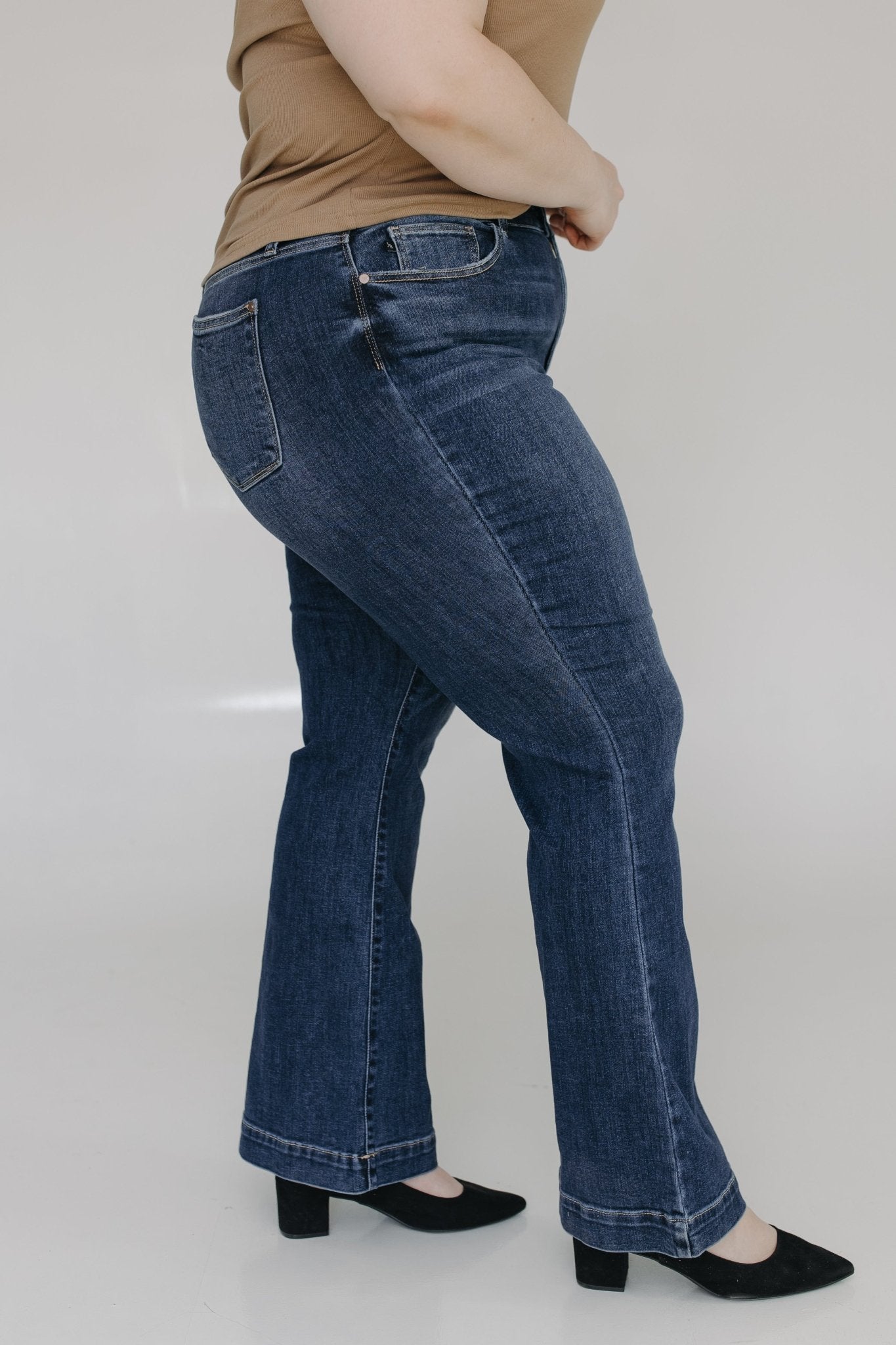 JUDY BLUE HIGH WAIST NON - DISTRESSED TROUSER FLARE IN DARK WASH - Love Marlow